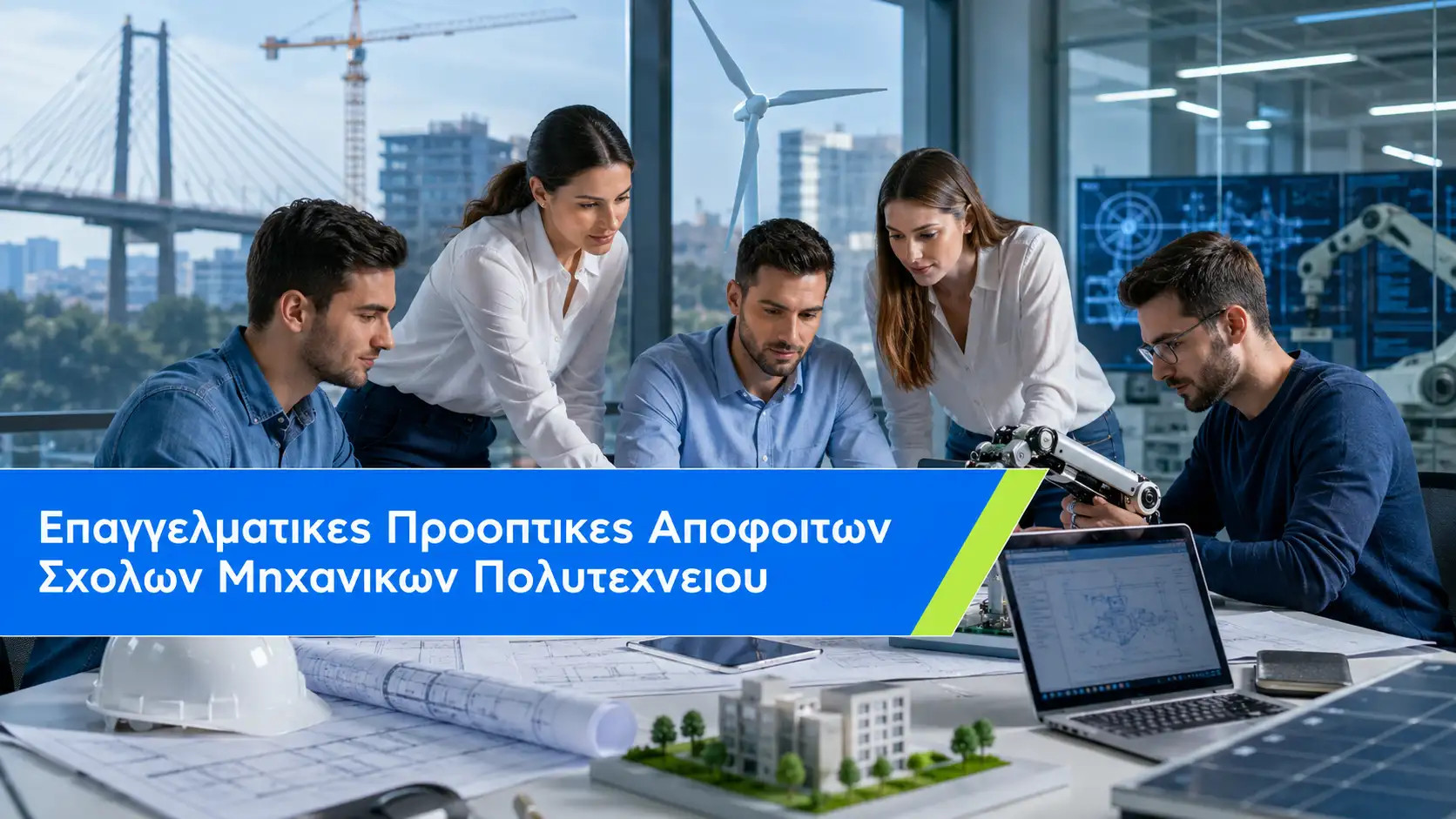 Ομάδα νέων μηχανικών συνεργάζεται σε σύγχρονο τεχνικό εργαστήριο με σχέδια, υπολογιστές, μοντέλα κατασκευών, ρομποτικό εξοπλισμό και τεχνολογίες ενέργειας, με φόντο υποδομές και ανεμογεννήτρια. Στην εικόνα εμφανίζεται τίτλος για τις επαγγελματικές προοπτικές αποφοίτων σχολών μηχανικών πολυτεχνείου.